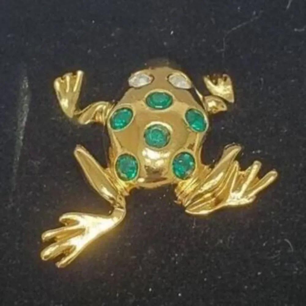 Avon gold tone frog brooch green rhinestones